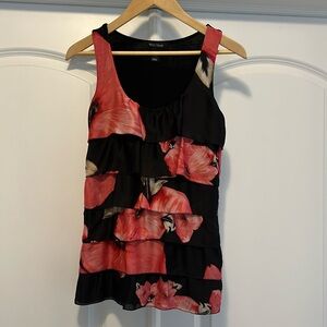 WHBM womens XS black floral ruffled tank tiered sleeveless pink flowers feminine